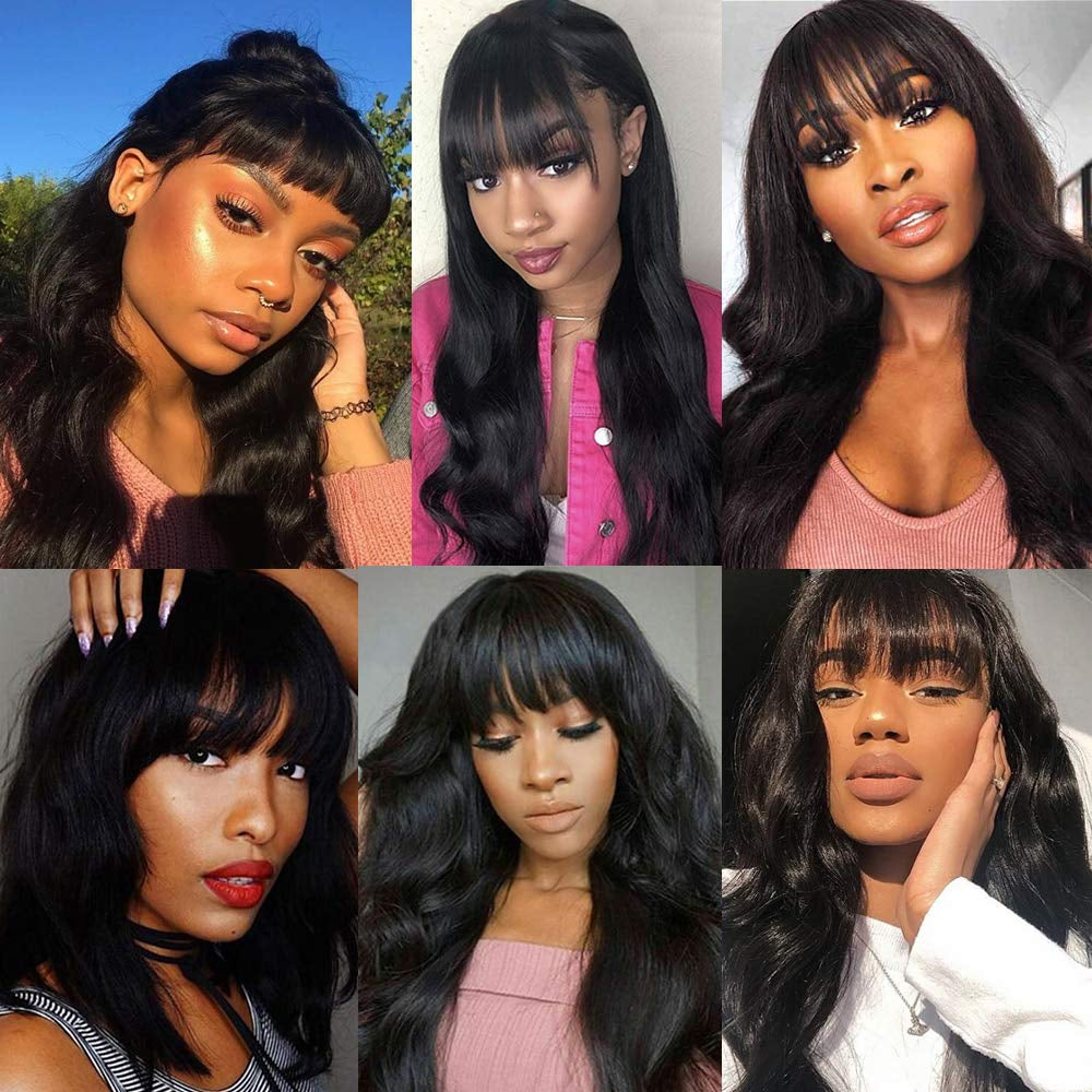 Human Hair Wigs with Bangs Body Wave None Lace Front Wigs 100Percent Brazilian Virgin Human Hair Wigs 130Percent Density Glueless Remy Human Hair for Black Women Natural Color 18 Inch