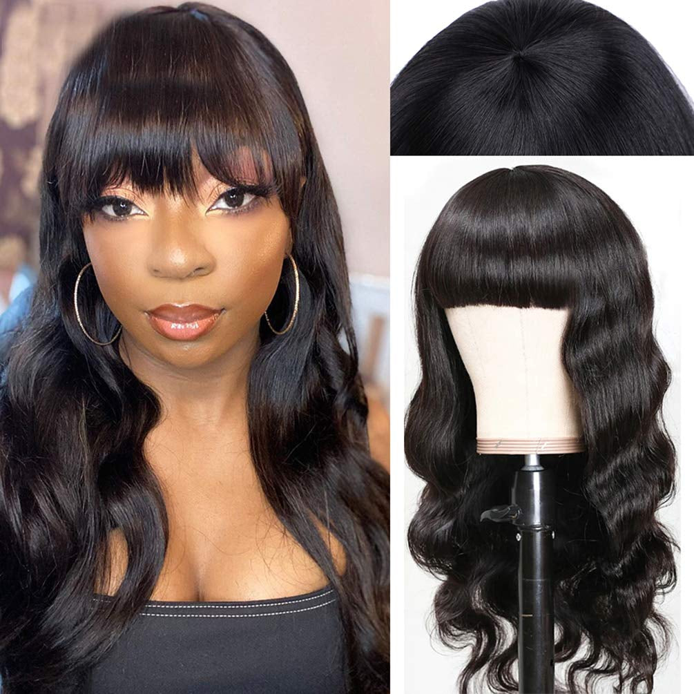 Human Hair Wigs with Bangs Body Wave None Lace Front Wigs 100Percent Brazilian Virgin Human Hair Wigs 130Percent Density Glueless Remy Human Hair for Black Women Natural Color 18 Inch