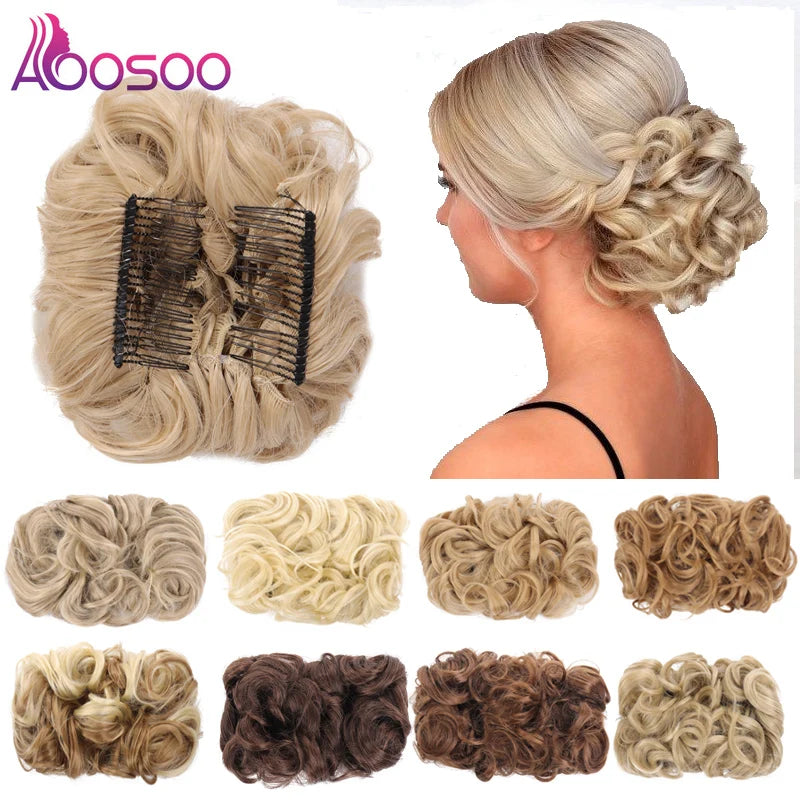 AOOSOO Messy Hair Bun Clip in Hair Extension 2 Plastic Comb Curly Hair Chignon Synthetic Hair Messy Chignon for Women Wedding