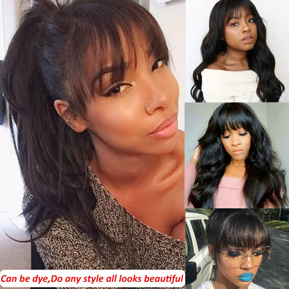 Human Hair Wigs with Bangs Body Wave None Lace Front Wigs 100Percent Brazilian Virgin Human Hair Wigs 130Percent Density Glueless Remy Human Hair for Black Women Natural Color 18 Inch