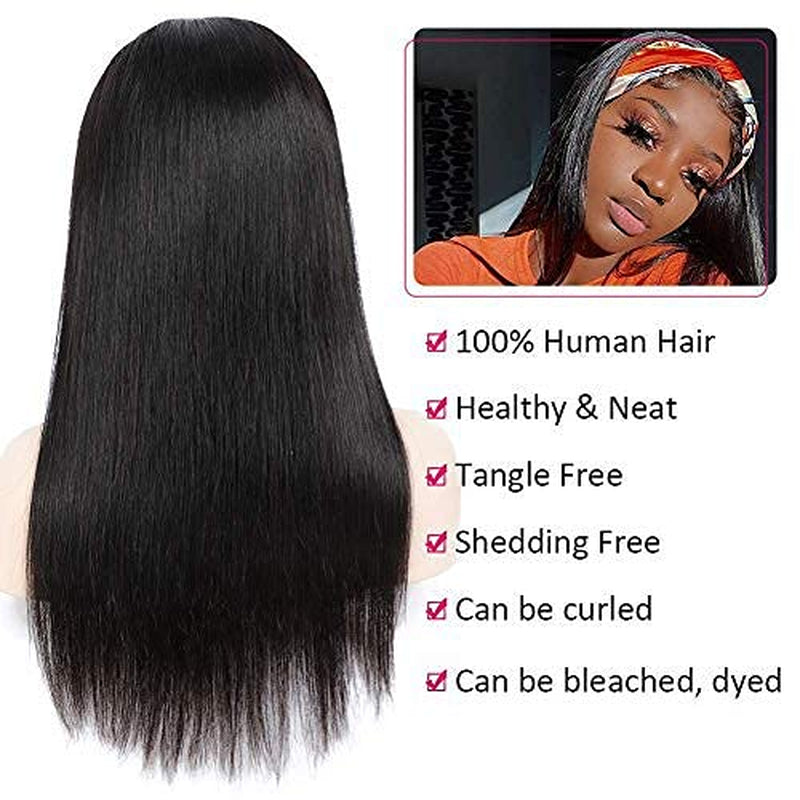 Short Headband Wig for Black Women Brazilian Virgin Human Hair Wig for Women Easy to Wear Half Wig with Free Headband (14Inch, Straight 1B)