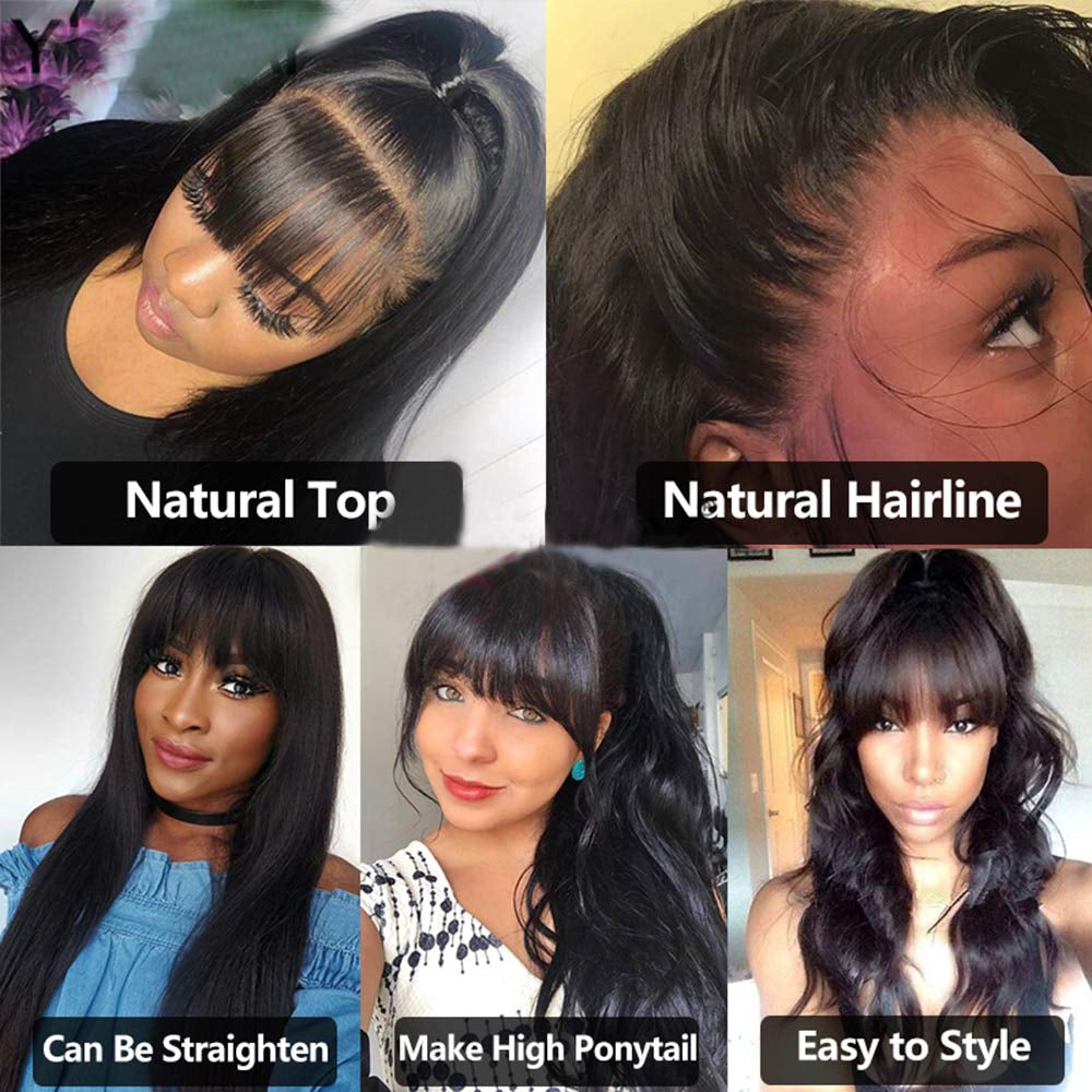 Human Hair Wigs with Bangs Body Wave None Lace Front Wigs 100Percent Brazilian Virgin Human Hair Wigs 130Percent Density Glueless Remy Human Hair for Black Women Natural Color 18 Inch